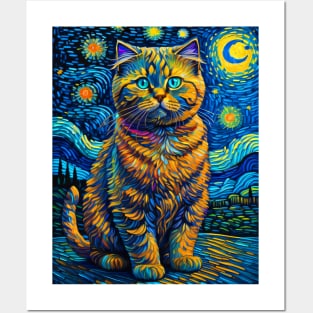 The Scottist Fold Cat in starry night Posters and Art